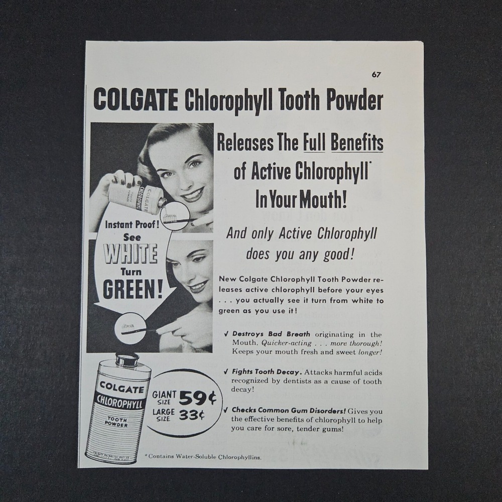 1953 Colgate Chlorophyll Tooth Powder Vintage Print Ad Bad‎ Breath Gum Disorders
